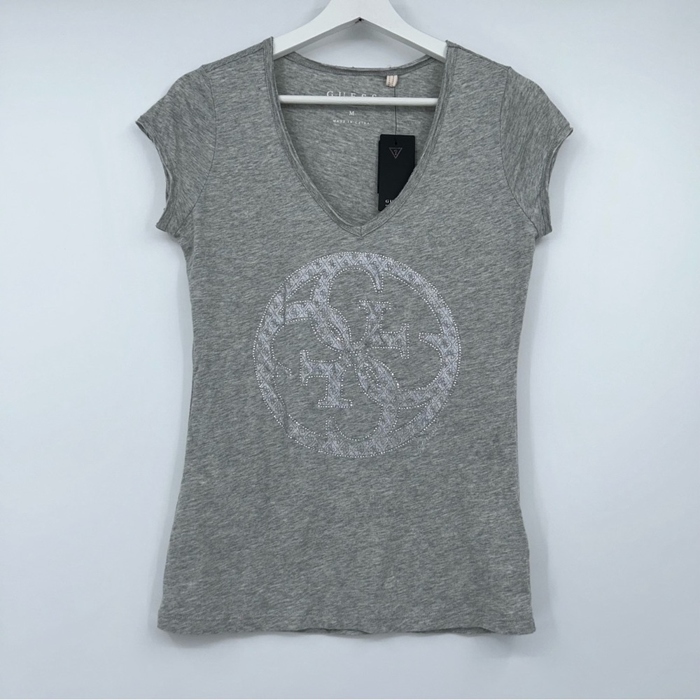 NWT Guess Gray T-Shirt with Rhinestones V-Neck Size Medium